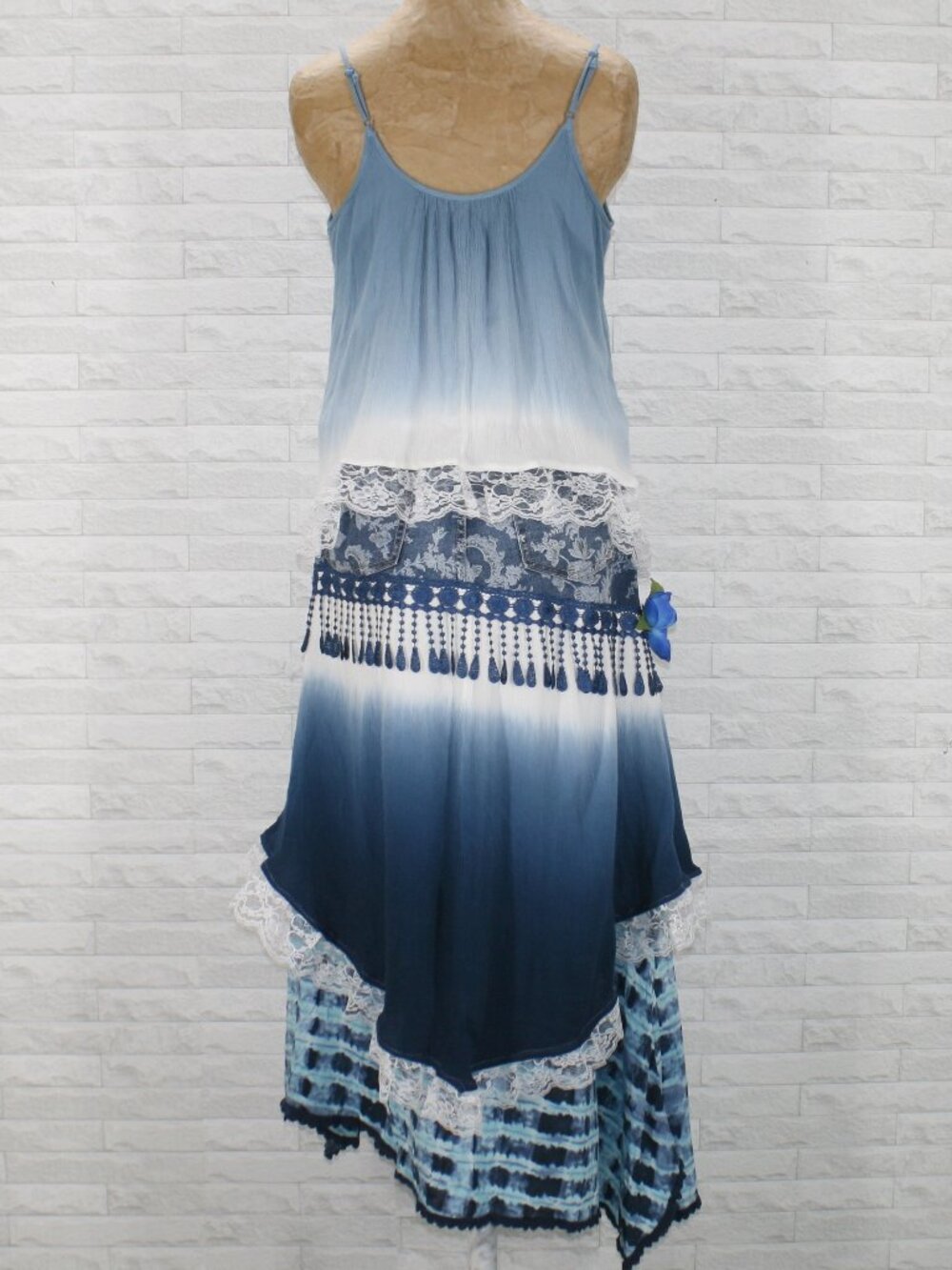 HAND CRAFTED Upcycled Skirt Set Denim Jean Tie Dye Boho Lace Floral Maxi Blue 12 - Picture 6 of 16